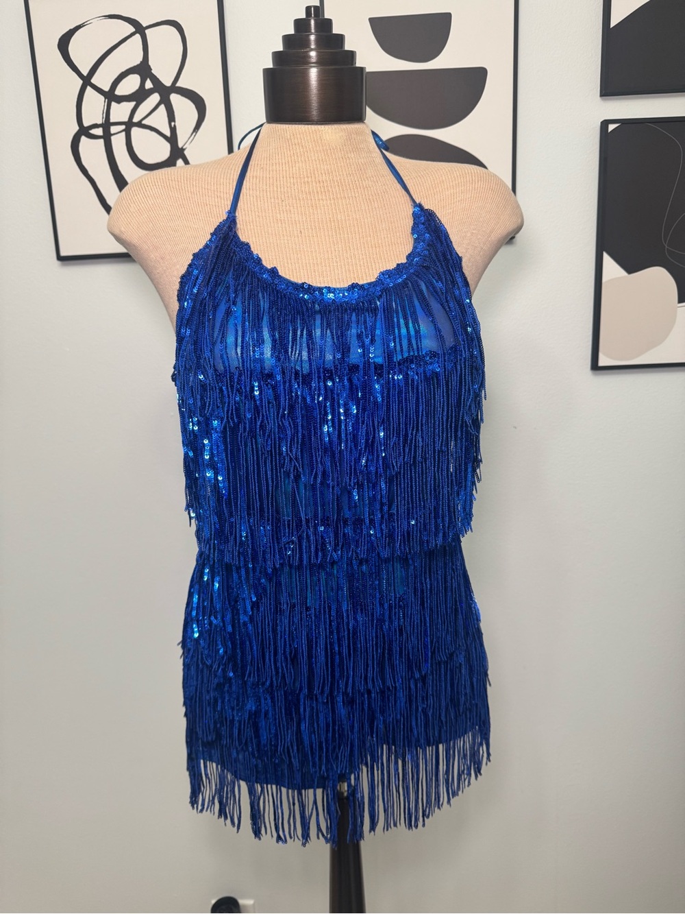 Blue Sequin Fringe Halter Top